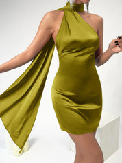 Vestido Midi Alice drapejado sem encosto pescoço cetim