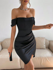 Vestido Feminino Midi Renia Drapeado de Ombros Abertos
