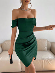Vestido Feminino Midi Renia Drapeado de Ombros Abertos