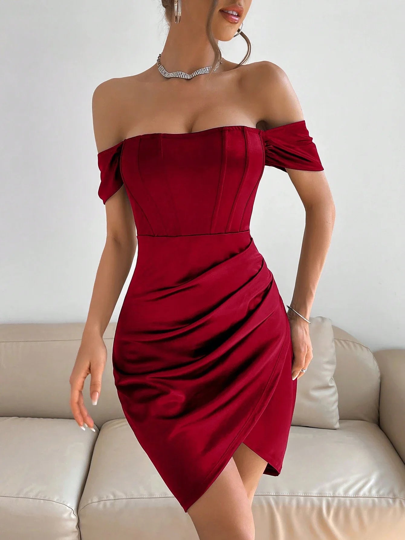 Vestido Feminino Midi Renia Drapeado de Ombros Abertos