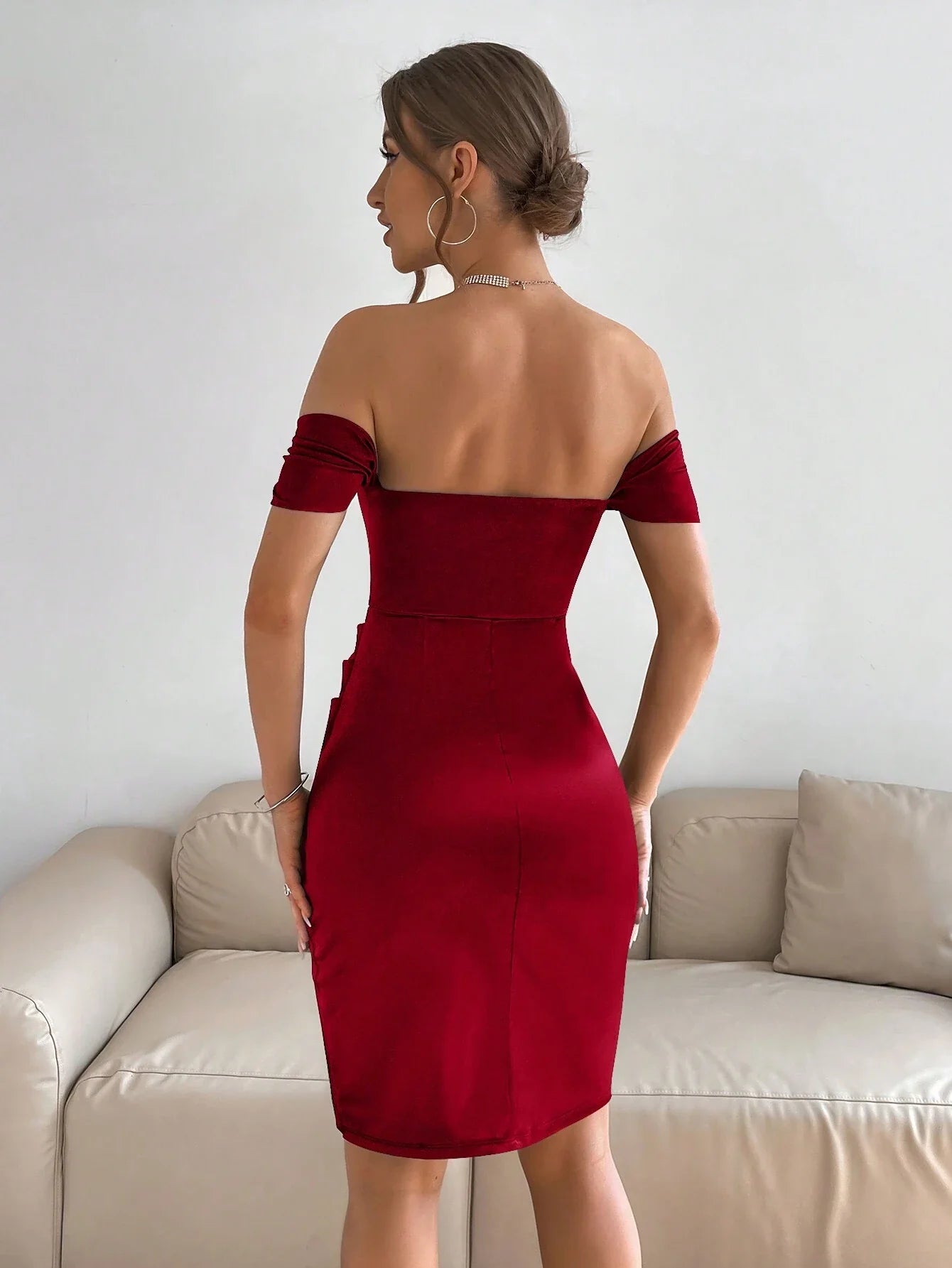 Vestido Feminino Midi Renia Drapeado de Ombros Abertos