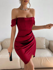Vestido Feminino Midi Renia Drapeado de Ombros Abertos