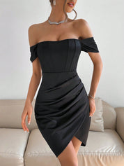 Vestido Feminino Midi Renia Drapeado de Ombros Abertos
