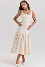 Vestido Midi Creme Cintura Caída Vintage - Liviele