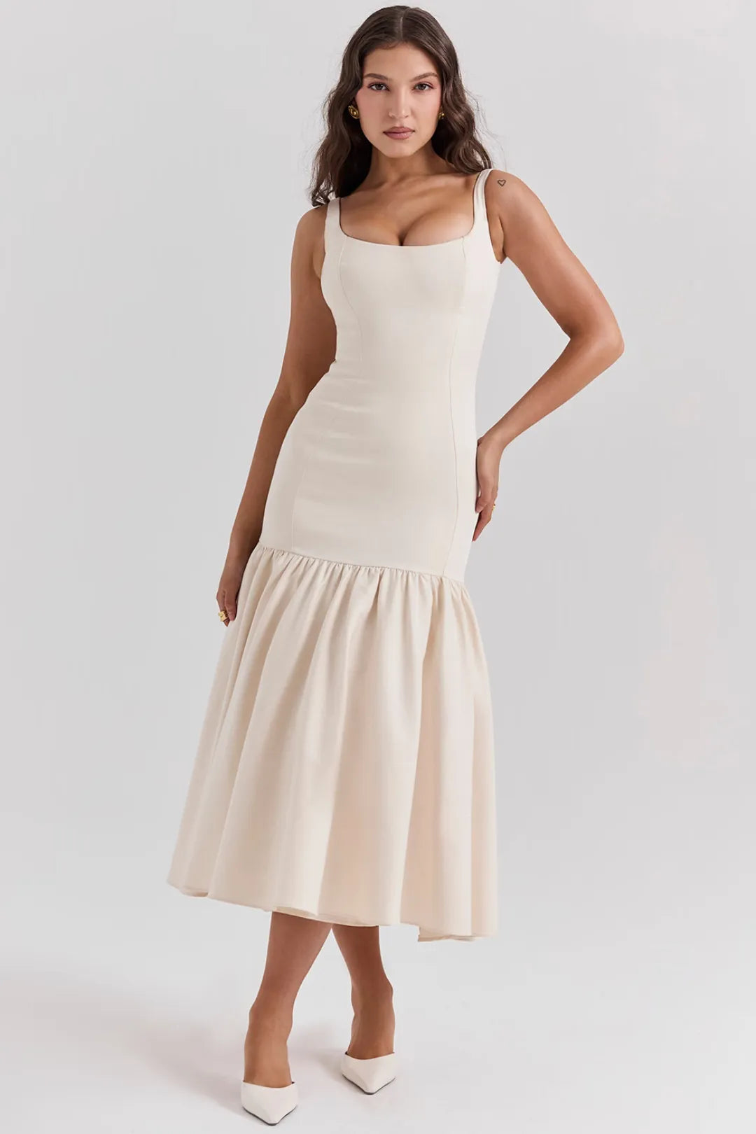 Vestido Midi Creme Cintura Caída Vintage - Liviele
