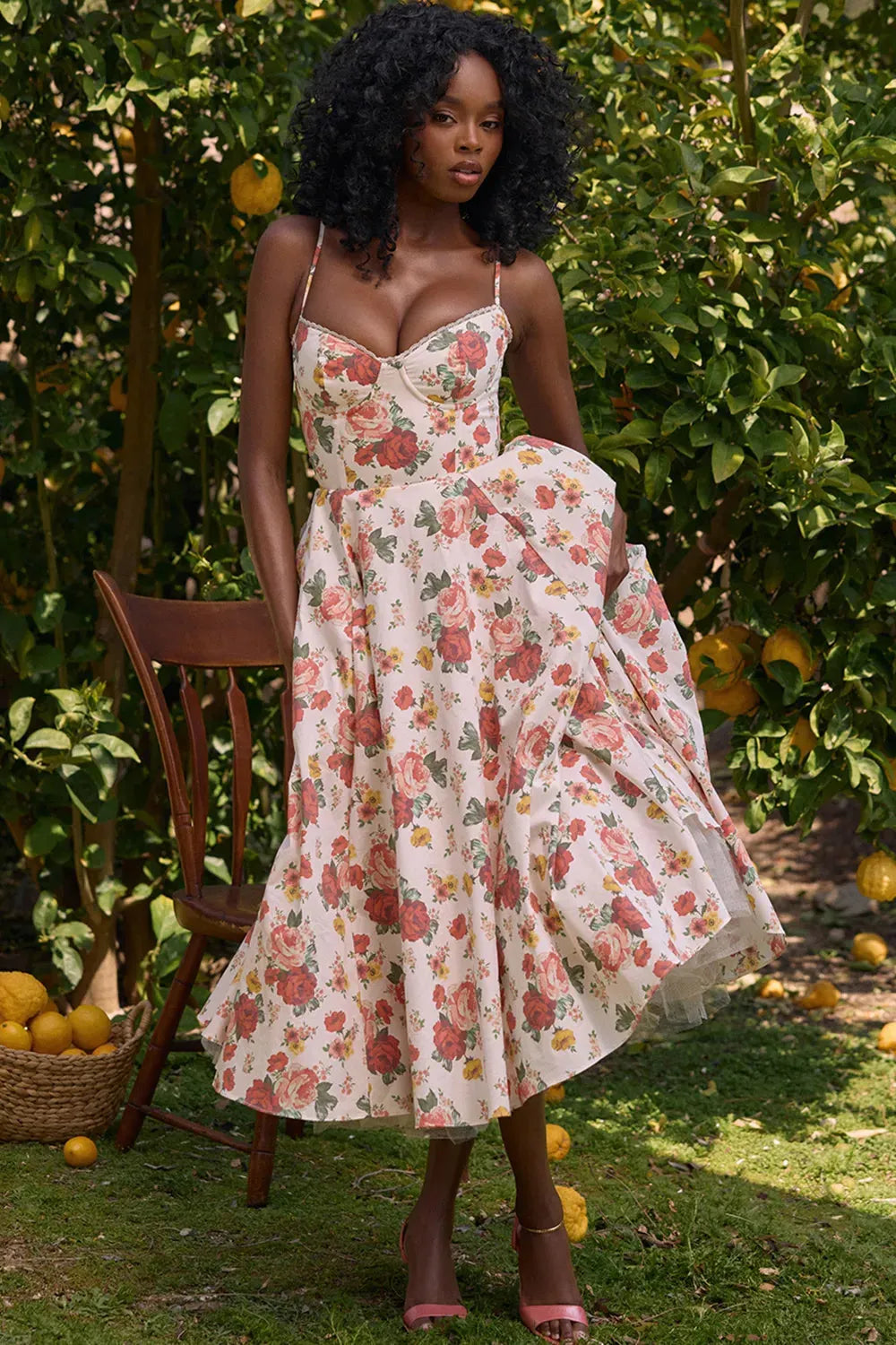 Vestido Midi Floral Com Forro em Tule - Liviele